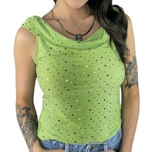 Vintage Y2K lime green and gold polka dot sparkle cowl neck tank top size M